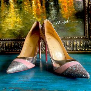 Christian Louboutin glitter suede pink and rose gold 100 heels